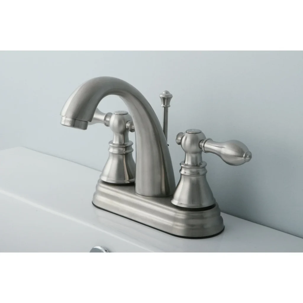 Brushed nickel double-handle Delta faucet.
