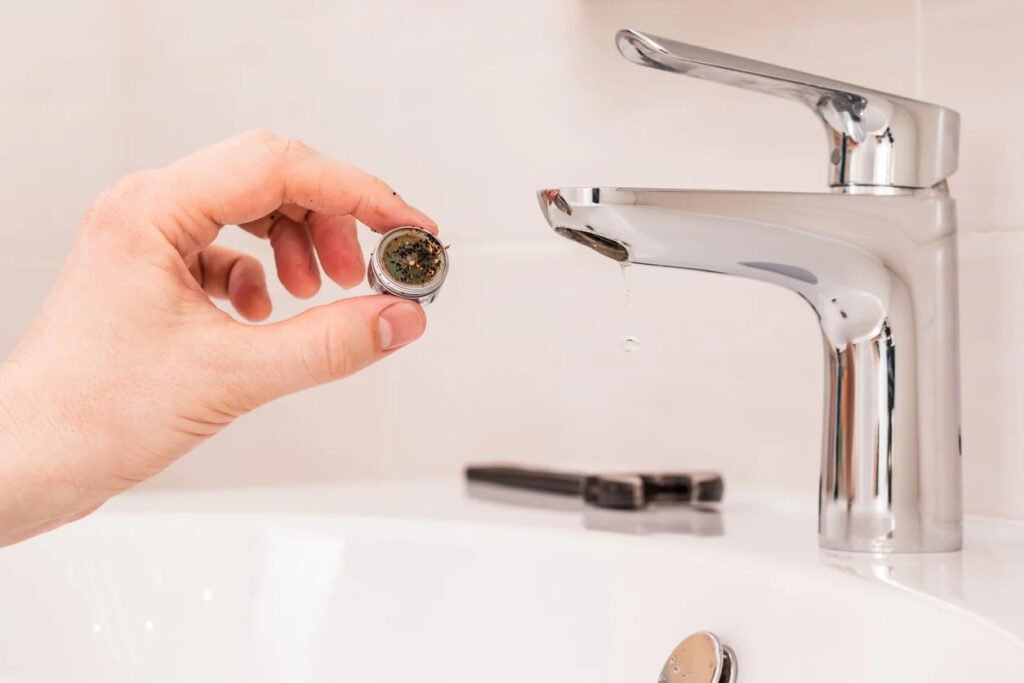 A person holding a Faucet aerator for cleaning purpose