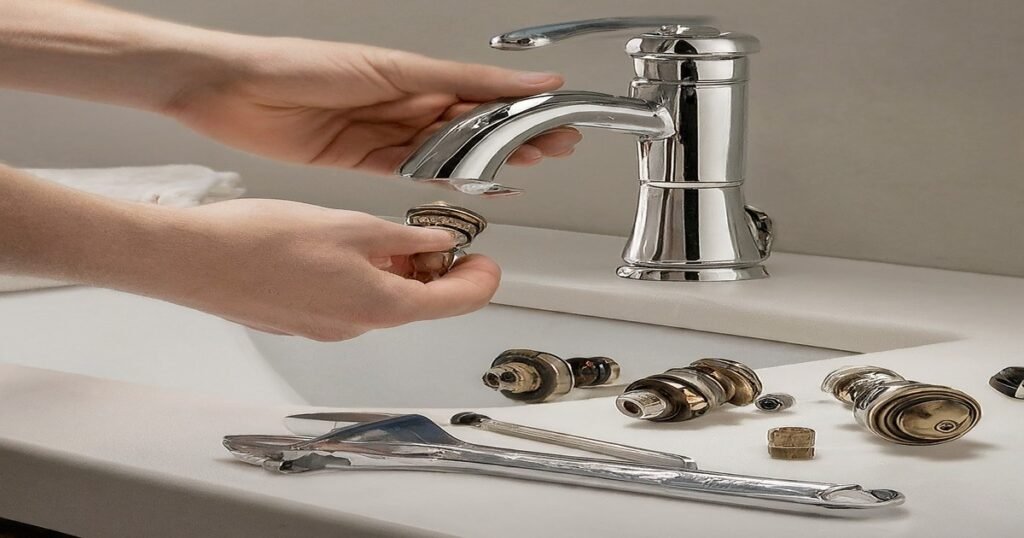 A person using tools to fix a sink faucet.