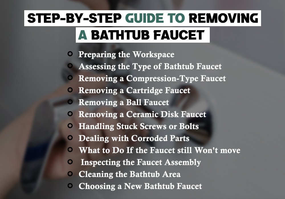 A person gripping a bathtub faucet, accompanied by the text "Step-by-step guide to remove a bathtub faucet."