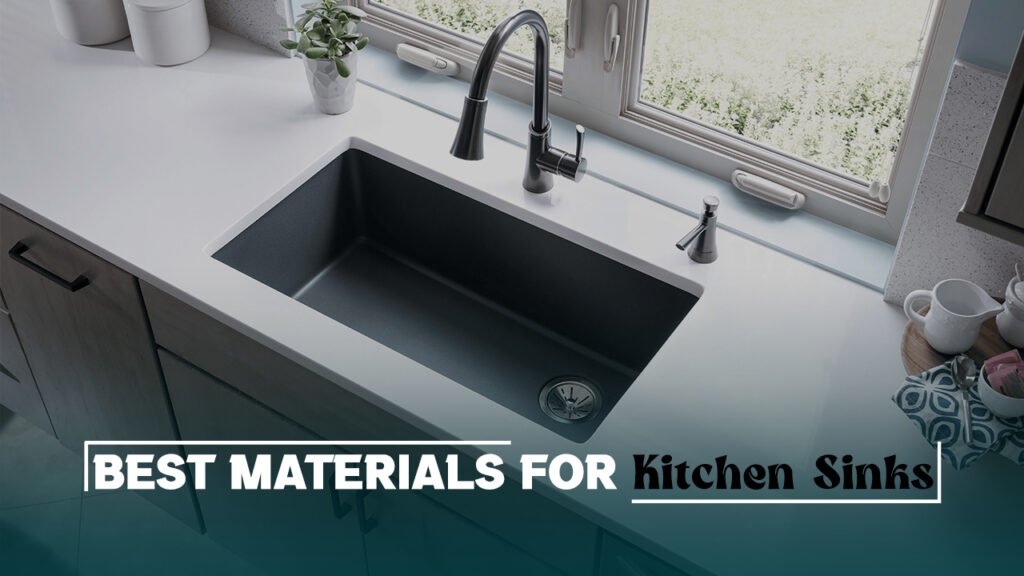 Various premium materials for kitchen sinks displayed, highlighting options for functionality and aesthetic appeal.