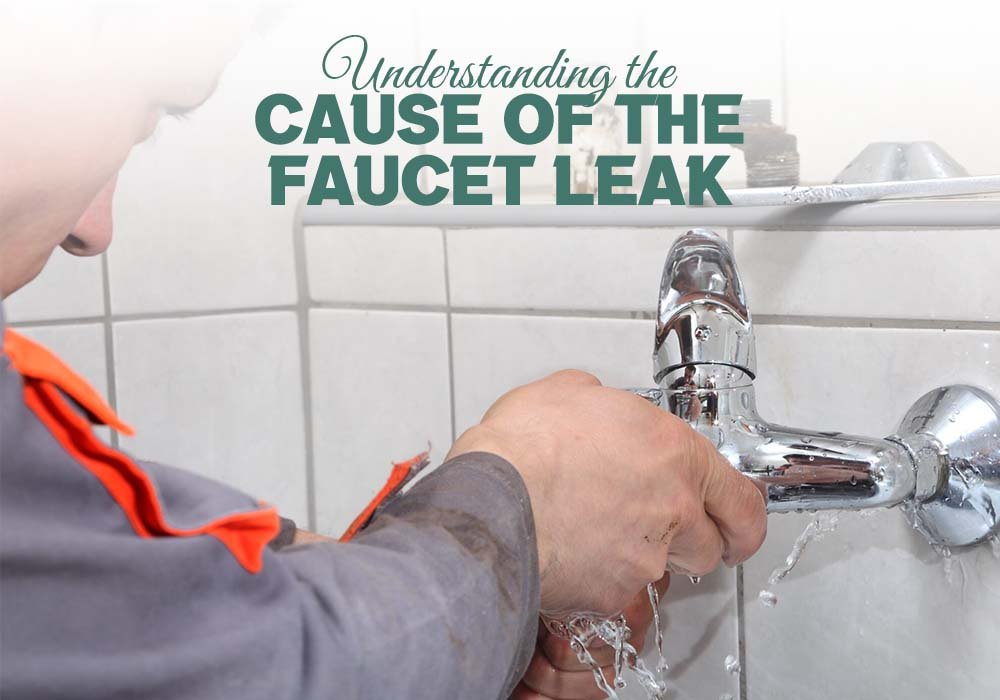 Image illustrating how to fix a leaky bathtub faucet with two handles by identifying the cause of the leak.