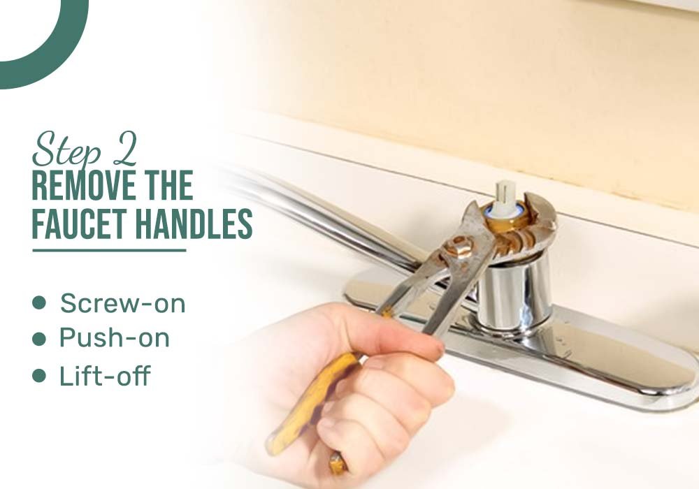 A person using pliers to remove faucet handles while demonstrating how to fix a leaky bathtub faucet with two handles.