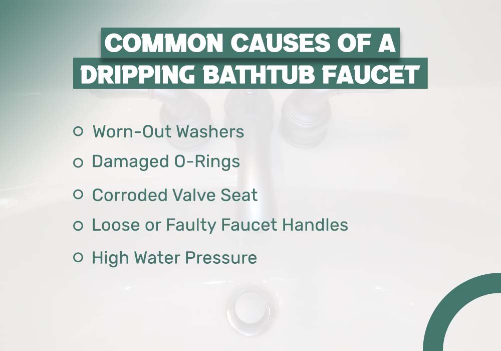 Infographic depicting common causes of a dripping bathtub faucet; discover how to fix a dripping bathtub faucet easily.