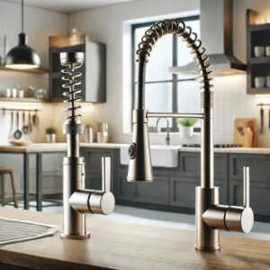 Comparison image of commercial vs. residential kitchen faucets; commercial faucet with tall spring coil, residential faucet compact for home use.